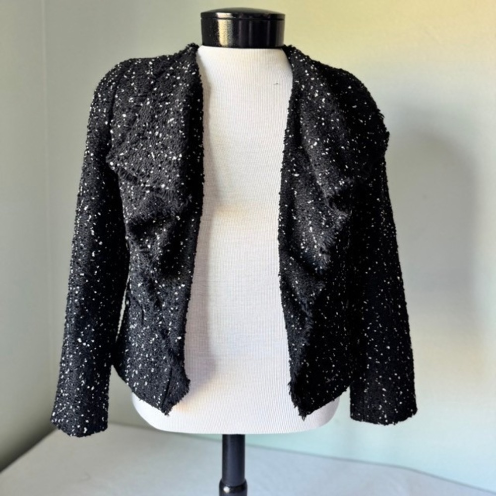 Weill Paris Black White Tweed Boucle Ruffle Trim Blazer‎ Jacket Size 8 New